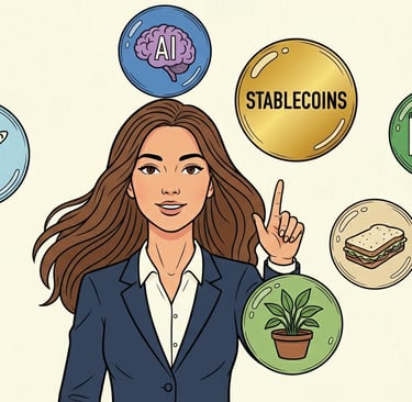 A woman in a business suit points to a large coin labeled STABLECOINS surrounded by various topics