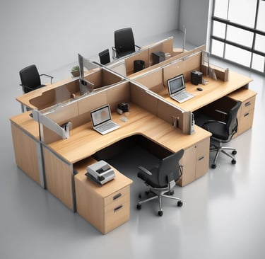 A modern office workspace featuring sleek desks and ergonomic chairs.