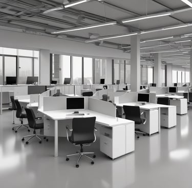 A collaborative workstation setup with multiple screens and seating.