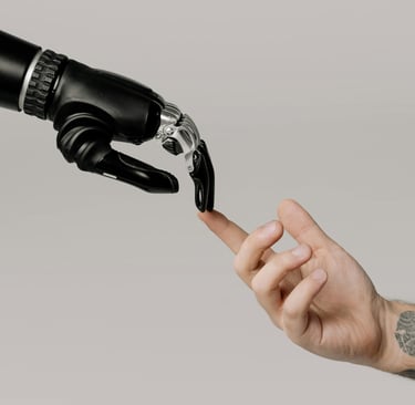 Human hand connecting with robotic hand representing collaboration between AI technology and thedigiwold.in