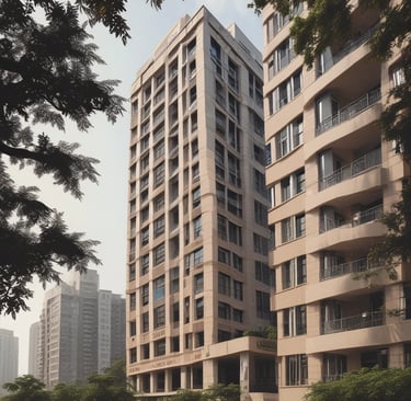 A busy urban street scene featuring a large commercial building with multiple signs, including V Mart and Kalyan Jewellers. Several vehicles, including an auto rickshaw and pedestrians, are visible in front of the building. The architecture includes tall structures with numerous windows and an arched entrance labeled 'RAJ TOWER'.