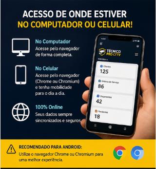 Software de monitoramento online acessível via computador ou celular com interface de gestão.
