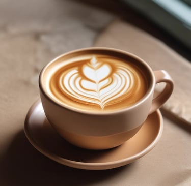 A white coffee cup with a cardboard sleeve featuring a green logo design, accompanied by scattered coffee beans in the foreground against a dark background.