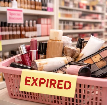 basket with expired cosmetic stock at cosmetic retail store
