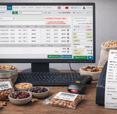 Point of sale retail software displaying inventory and billing for a dry fruits and organic mart.