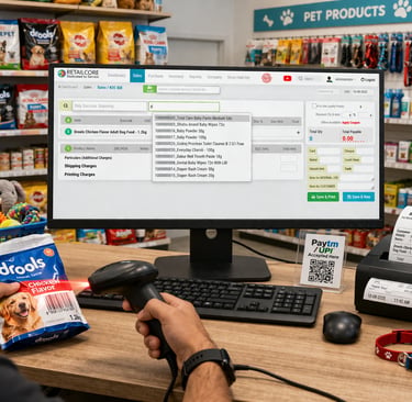Scanning Drools pet food with a barcode scanner at a retail POS system checkout counter.
