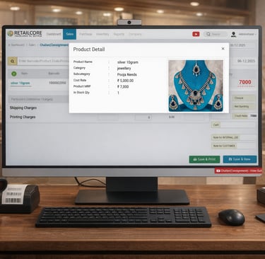 Computer screen showing RetailCore Billing Software used at fashion and imitation jewellery store