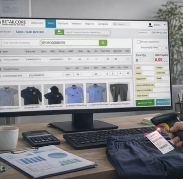 retailcore software billing with barcode scanning at school uniform retail store