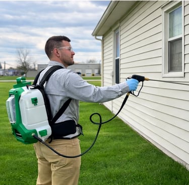 Pest control technician servicing house for spiders