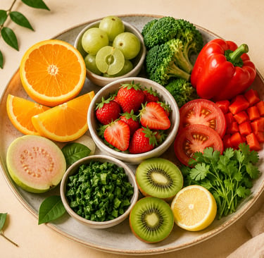 Vitamin C-rich foods on a ceramic plate