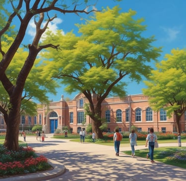 A building facade with the words 'Fuller Theological Seminary' above a set of arched doors, surrounded by lush green trees and neatly manicured lawns. The entrance is accessed by a short staircase, with a bench and pathway leading to it.