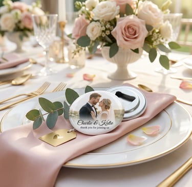 Personalized wedding photo bottle opener on a blush napkin place setting with floral decor and thank you message.