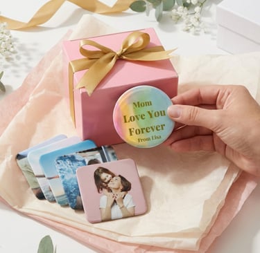 Personalized Mother's Day gift box with custom photo magnets and a colorful message badge.