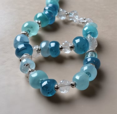 An array of vibrant, colorful decorative beads and charms hang in multiple strands. These include a variety of shapes, such as circular beads, tassels, and ornate ornaments like hamsa hand keychains. The objects are artfully arranged against a wooden backdrop, creating a rich texture with the intricate details of each piece.