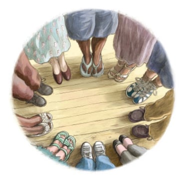 a circle of people standing together so you can look at their feet