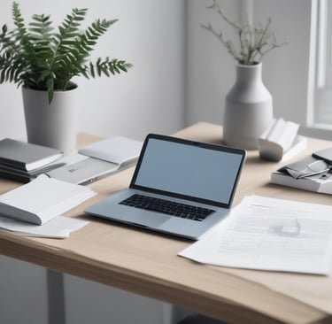 Modern minimalist desk with laptop and documents — symbolizing discretion, diligence, and profession