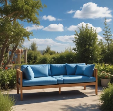 Stone tables and stools are arranged in an outdoor setting, surrounded by trees. The setting is shaded, with sunlight filtering through the leaves creating patterns on the ground. The furniture has a rustic and traditional design, likely made of granite or a similar material.