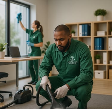 a man in a green uniform cleaning a carpet