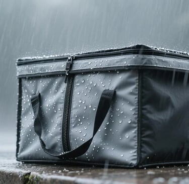 Close-up of waterproof zipper on delivery backpack during simulated rain test, showing water droplet