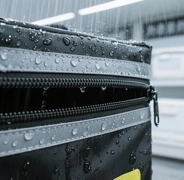 Close-up of waterproof zipper tested under simulated rain conditions
