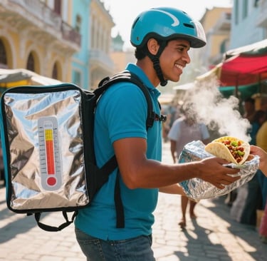 Delivery rider happily handing over hot tacos from professional thermal backpack to customer in a vi