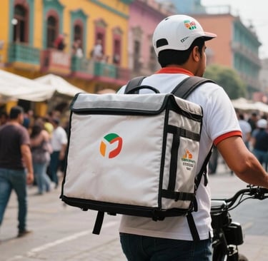 Mensajero llevando la bolsa con facilidad por calles concurridas, destacando el diseño de las correa