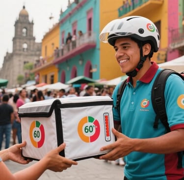 Repartidor entregando al cliente una bolsa con logo prominente, resaltando la visibilidad de marca
