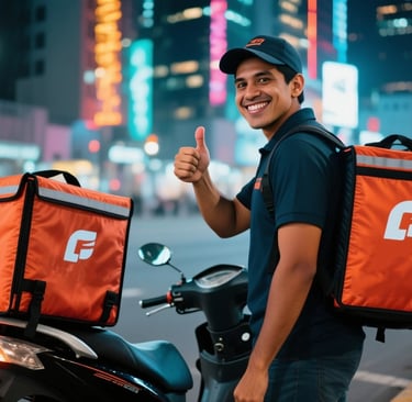 Repartidor latinoamericano seguro de sí mismo dando pulgar arriba junto a su moto con mochila térmic