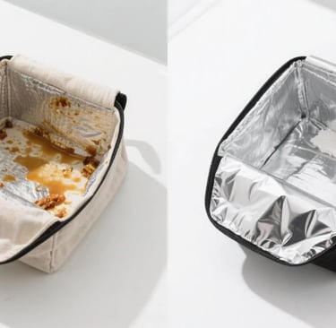 Side-by-side comparison stained traditional fabric liner vs. clean, wipeable aluminum foil liner in 