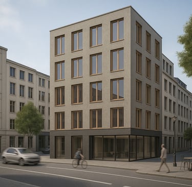 Architekturvisualisierung eines modernen Eckgebäudes mit Putzfassade