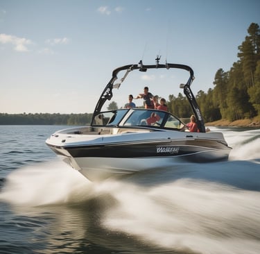 A small aluminum boat rests on the shore with waves gently lapping against it. The boat features an outboard motor branded as Mariner, and a registration label appears on its side. Inside the boat, a piece of clothing or fabric is casually laid over a seat.