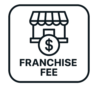 Icon representing franchise fee, featuring a contract and dollar symbol in red, black, and yellow corporate style.