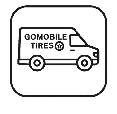 Icon of a GoMobile Tires service van in motion, styled in red, black, and yellow to reflect brand identity.
