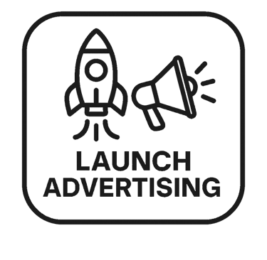 Icon symbolizing launch advertising, with a megaphone and digital elements in red, black, and yellow corporate design.