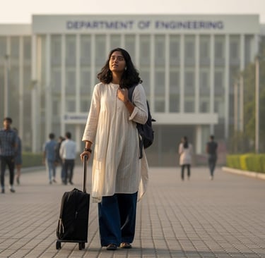 Young Indian woman standing with a trolley bag at a university campus in Coimbatore.