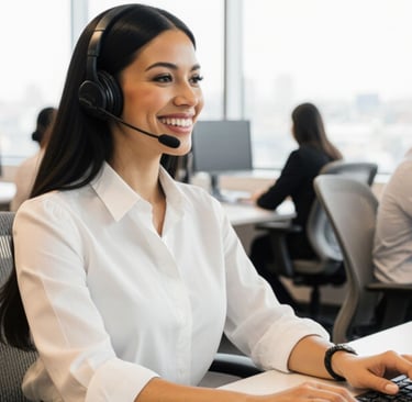 A professional latina beautiful woman with long, sleek black hair styled in soft waves, wearing a white blouse with rolled sl