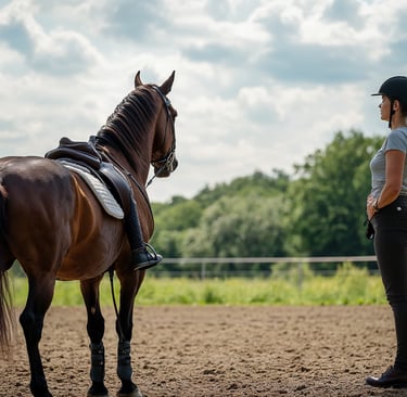 a woman in a helmet and riding boots stands in front of a horse