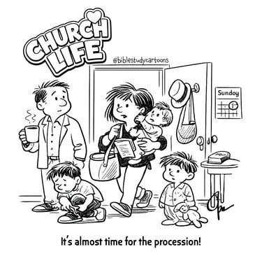 Black & white cartoon of family getting ready for church on Sunday morning.