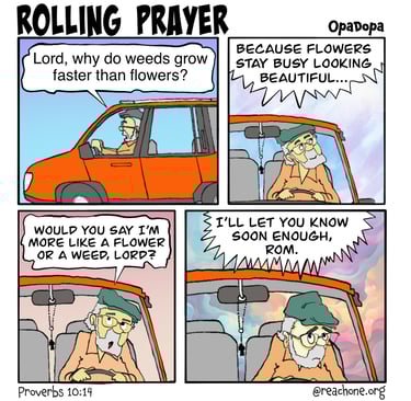 A four panel cartoon about weeds, flower, and eternal judgement.