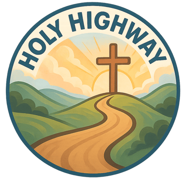 Cartoon style logo with the Holy Highway leading to the cross and paradise.
