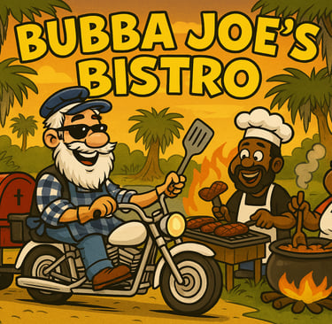 Happy old biker with smoker behind bike in swamps with Soul Food cooks.