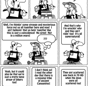A portion of a black and white comic strip about Christian bikers.