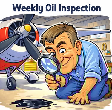 Cartoon of excited aviator inspecting oil drops on the floor beneath his airplane