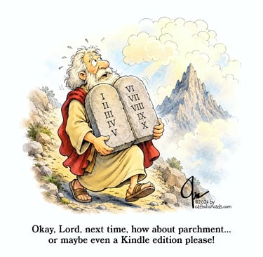Cartoon of Moses carrying the heavy stone tables and asking God for a digital version