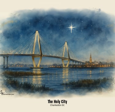 A Saltwater Color picture of the Ravenel Bridge and Charleston and the city lights.