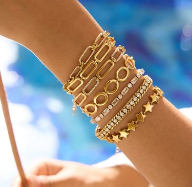 18 k gold plated Demi fine stacked bracelets which are water resistant and hypoallergenic.