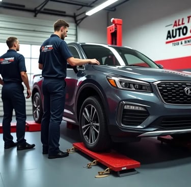 Mechanics inspecting a Hyundai SUV inside a professional auto repair shop for quality service