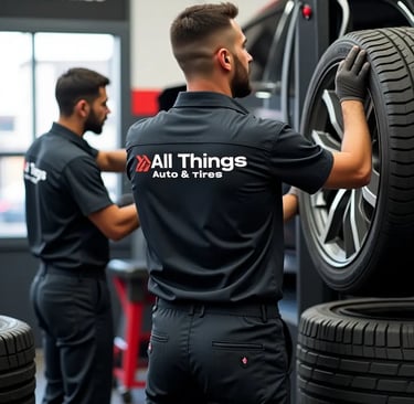 Mechanic adjusting a car tire inside a professional auto repair shop for quality service & reliabil