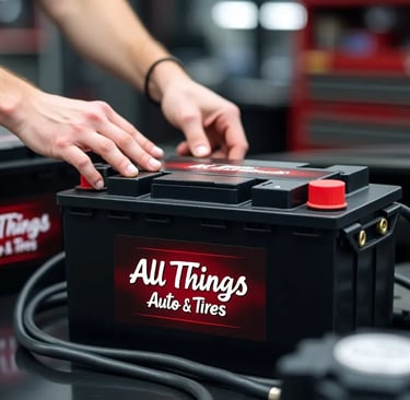 Mechanic handling a car battery inside a professional auto repair shop for quality service 