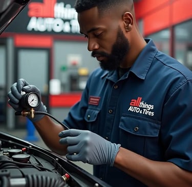 Mechanic testing engine pressure using a gauge inside a professional auto repair shop for quality 